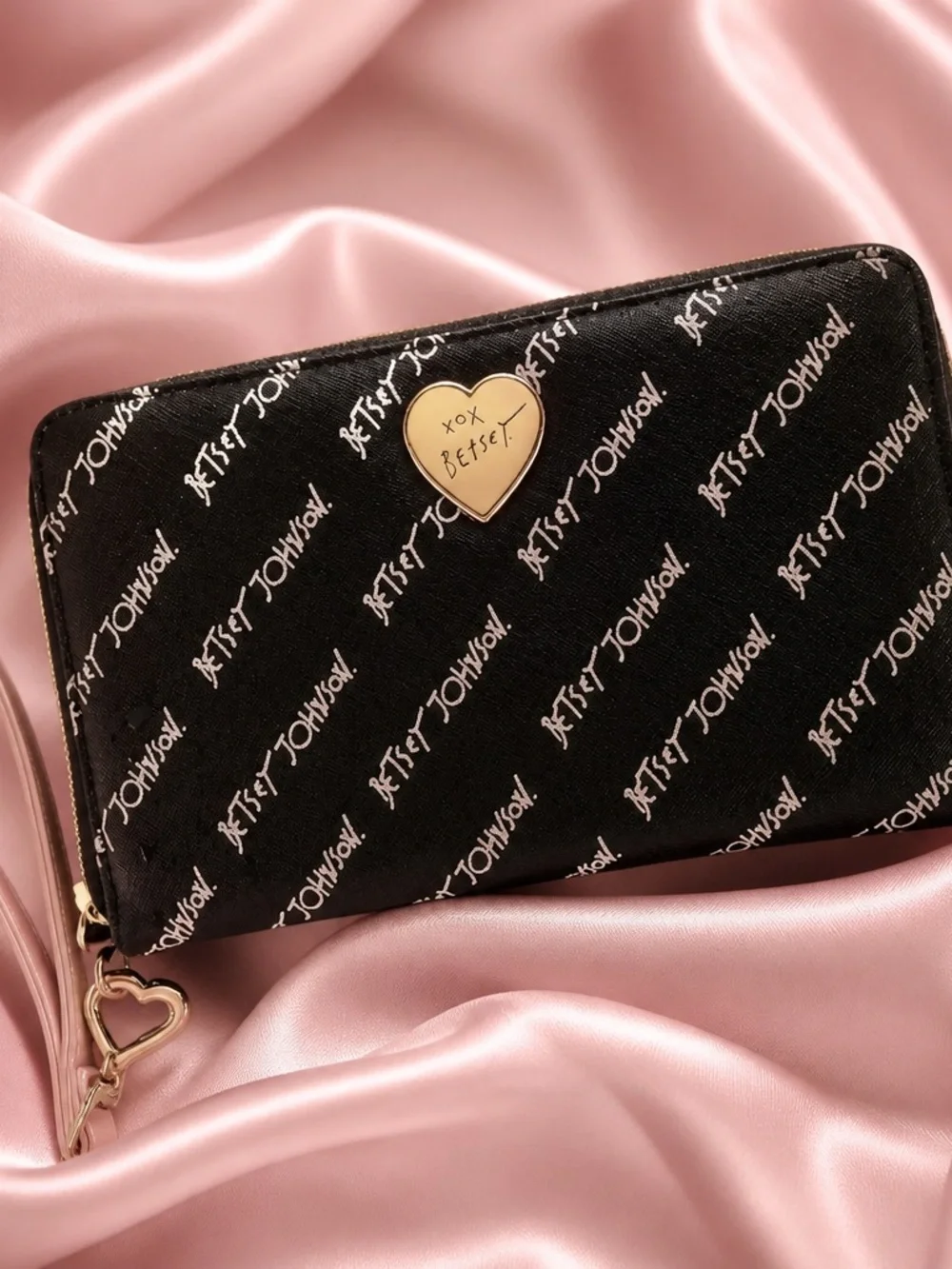 Betsey Johnson Black Wristlet with Gold Heart Accent